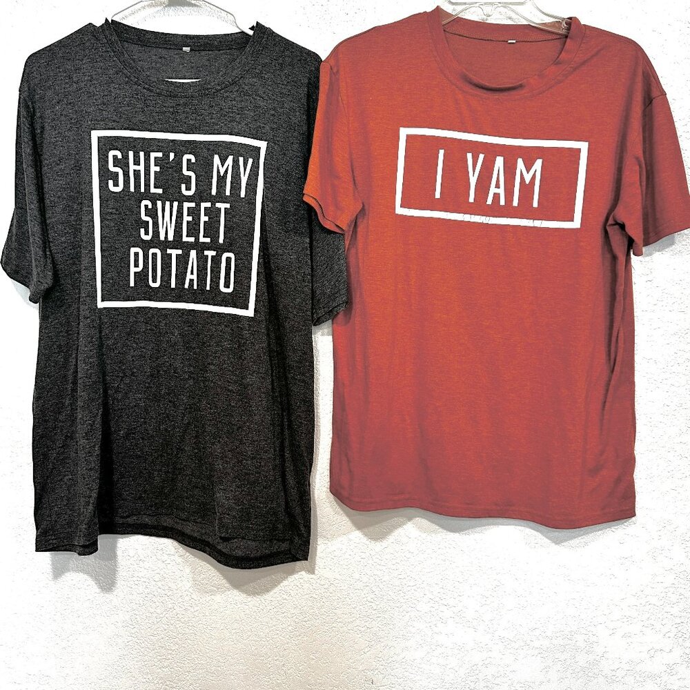 Couples Thanksgiving Tees Two Matching Holiday T-Shirts Womens Med & Mens Large - Picture 1 of 7